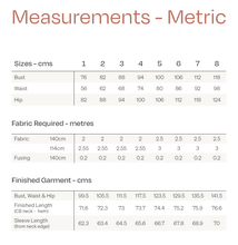 Load image into Gallery viewer, Metric measures chart for Juno Jacket Sizes 1-8