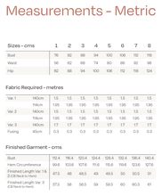 Load image into Gallery viewer, Metric measures chart for Pinnacle top Sizes 1-8