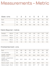 Load image into Gallery viewer, Metric Measures Chart of Solar Tee & Sweater Sizes 1-8