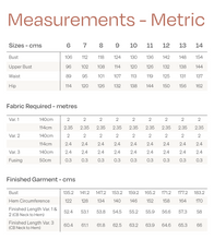 Load image into Gallery viewer, Metric measures chart for Pinnacle top Sizes 6-14