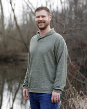 Load image into Gallery viewer, Off-side view of man wearing green Finlayson sweater with shawl collar.