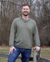 Load image into Gallery viewer, Front view of man wearing green Finlayson sweater with shawl collar.