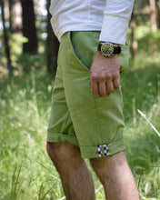 Load image into Gallery viewer, Side view of man wearing Jedediah Pants showing slash front pockets and rolled up hems.