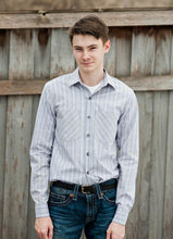 Load image into Gallery viewer, Man wears classic Jensen shirt with pointed collar and two chest pockets.