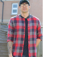 Load image into Gallery viewer, Man wears Jensen Shirt with stand collar and snap fastenings in flannel fabric.