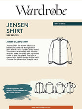Load image into Gallery viewer, Packaging of Jensen Shirt Sewing Pattern shows line drawings of shirt.