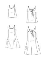 Load image into Gallery viewer, Line drawings of Paola Dress & Top, front and back views