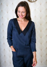 Load image into Gallery viewer, Lady laughs wearing Faye Jumpsuit. Top shows flat collar in contrasting colour