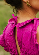Load image into Gallery viewer, Close up detail of centre-back neck ruffling and ties