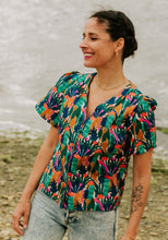Load image into Gallery viewer, Lady wears a Penelope Top in a patterned fabric