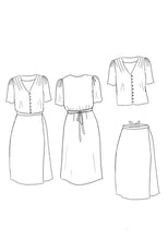 Load image into Gallery viewer, Line drawings of Penelope Dress front and back view, blouse and skirt
