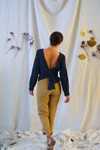 Load image into Gallery viewer, Back view of lady wearing Sierra Top shows deep V neck line and wide waist belt tie