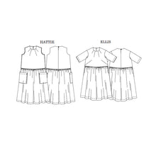 Load image into Gallery viewer, Line Drawings of Ellis & Hattie Dresses, front and back