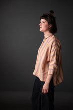 Load image into Gallery viewer, Side view of lady wearing Ellsworth top in stripe fabric