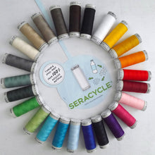 Load image into Gallery viewer, Reels of Recycled Polyester Sewing Threads form a circle display with a SeraCycle label in the centre