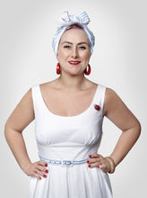 Load image into Gallery viewer, View of top of dress with a scoop neckline, seam at chest level.