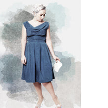 Load image into Gallery viewer, Illustration effect of lady wearing the No 1 Dragør dress. Cowl neckline, pleated waist, knee length dress.