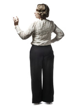 Load image into Gallery viewer, Back view of lady in plain black Madrid wide-leg trousers.