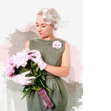 Load image into Gallery viewer, Illustration effect of lady holding a bunch of flowers, wearing a sleeveless dress with wide neckline, and tulip skirt.