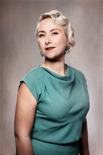 Load image into Gallery viewer, Close up view of top showing off cowl neck, pleats from shoulder seams.