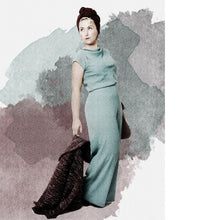 Load image into Gallery viewer, Illustration effect of lady wearing a jade-green short sleeve, cowl neck top, and wide leg trouser suit. Lady holds a jacket dragged on floor.