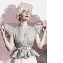 Load image into Gallery viewer, Illustration effect of lady wearing a striped blouse with peplum and frilled sleeves from shoulder armholes.