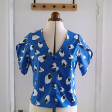Load image into Gallery viewer, Me-made Fibremood Norma V-neck button front shirt with tulip sleeves made using Moon Gemstones fabric