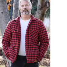 Load image into Gallery viewer, Man stands wearing an Overshirt Jacket made in a check pattern fabric.