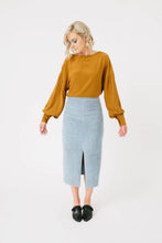 Load image into Gallery viewer, Front view of lady wearing Nexus Blouse with plain front option with gathered cuffed sleeves