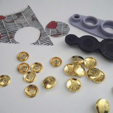 Load image into Gallery viewer, 19mm metal cover button blanks displayed next to cover tool and circular piece of fabric