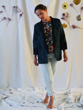 Load image into Gallery viewer, Front view of lady wearing Sable jacket. Shows off wide cuffs and collar in contrasting fabric to the rest of the jacket.