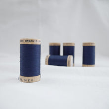 Load image into Gallery viewer, Five wooden reels of Scanfil Organic Cotton Thread in Sapphire