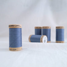 Load image into Gallery viewer, Five wooden reels of Scanfil Organic Cotton Thread in Dusk