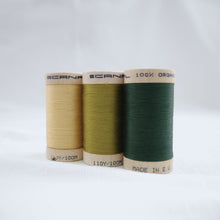 Load image into Gallery viewer, Three wooden reels of Scanfil Organic Cotton Thread in Straw, Celery and Forest Green colours.