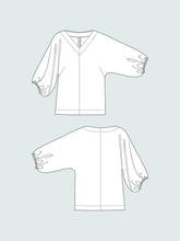 Load image into Gallery viewer, The Assembly Line V-Neck Cuff Top Technical Line Drawing Front and Back views