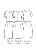 Load image into Gallery viewer, Line Drawing on three variations of the Day Dress fronts.