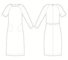 Load image into Gallery viewer, Line drawing of the Gathered Dress, front and back.