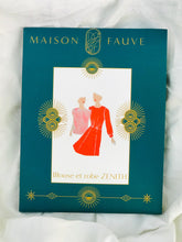 Load image into Gallery viewer, Zenith Blouse and Dress Sewing Pattern packaging, shows illustration of lady wearing a red dress, with a lighter red blouse floating on top.