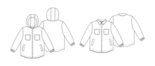 Load image into Gallery viewer, Line drawings of Beachcomber Jacket, hooded and collared options, both front and back views
