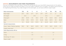 Load image into Gallery viewer, Bear Jacket Imperial Measurements and Fabric Requirements Chart
