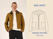Load image into Gallery viewer, Model wears the Bear Jacket; worn open, unfastened. Next to line drawing of front view
