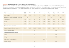 Load image into Gallery viewer, Bear Jacket Metric Measurements and Fabric Requirements Chart
