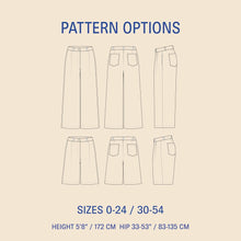 Load image into Gallery viewer, Bermuda Shorts &amp; Pants Sewing Pattern Line Drawings of Shorts &amp; Pants views; front, back and side
