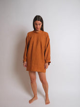 Load image into Gallery viewer, Lady wears a Zero Waste Dress, thigh length, with high neck, long sleeves
