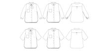 Load image into Gallery viewer, Butano Button Up Line Drawings of long and short sleeve options, with and without neckerchief, front and back views
