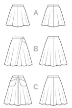 Load image into Gallery viewer, Technical line drawings of Fiore Skirt and its options
