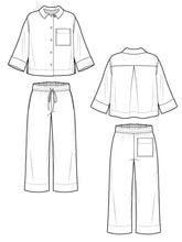 Load image into Gallery viewer, Technical line drawings, front and back views of Fran Pajama Top and Trousers
