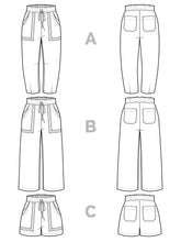 Load image into Gallery viewer, Closet Core Sepia Pants and Shorts Line Drawings of Front and Back Views of all three versions
