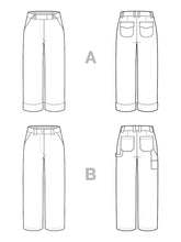 Load image into Gallery viewer, Line drawings of Rika Pants, front and back views of both the full leg, and cropped length versions
