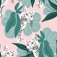 Load image into Gallery viewer, Digital illustration of &quot;House Cat Jungle&quot;, of cats peeping round large leaves
